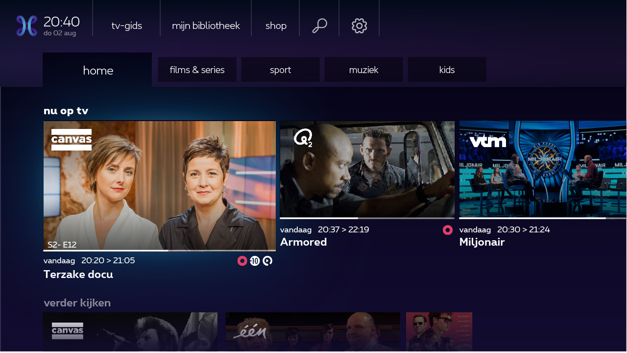 Tv-menu met blauwe/paarse Proximus-logo