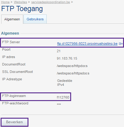 Tabblad Algemeen met FTP Server, Poort en FTP-loginnaam