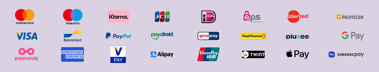 Logos der akzeptierten Zahlungsmethoden mit Payworld, wie Mastercard, Visa, PayPal, Bancontact, Klarna, Google Pay, Apple Pay und mehr.
