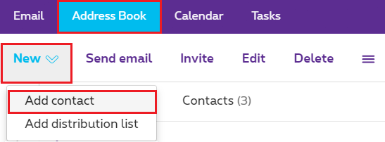 Click "Address Book" > "New" > "Add contact".