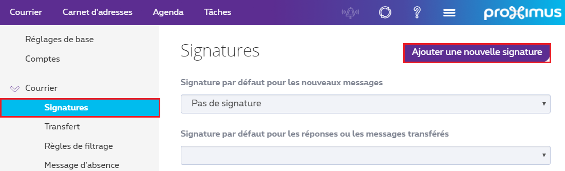 Cliquez sur "Signatures" dans le menu déroulant "E-mail" et ensuite sur "Ajouter une signature".